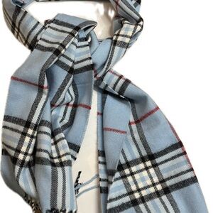 Light Blue Plaid Winter Scarf with Fringe Long Rectangular Scarf Cashmere Feel